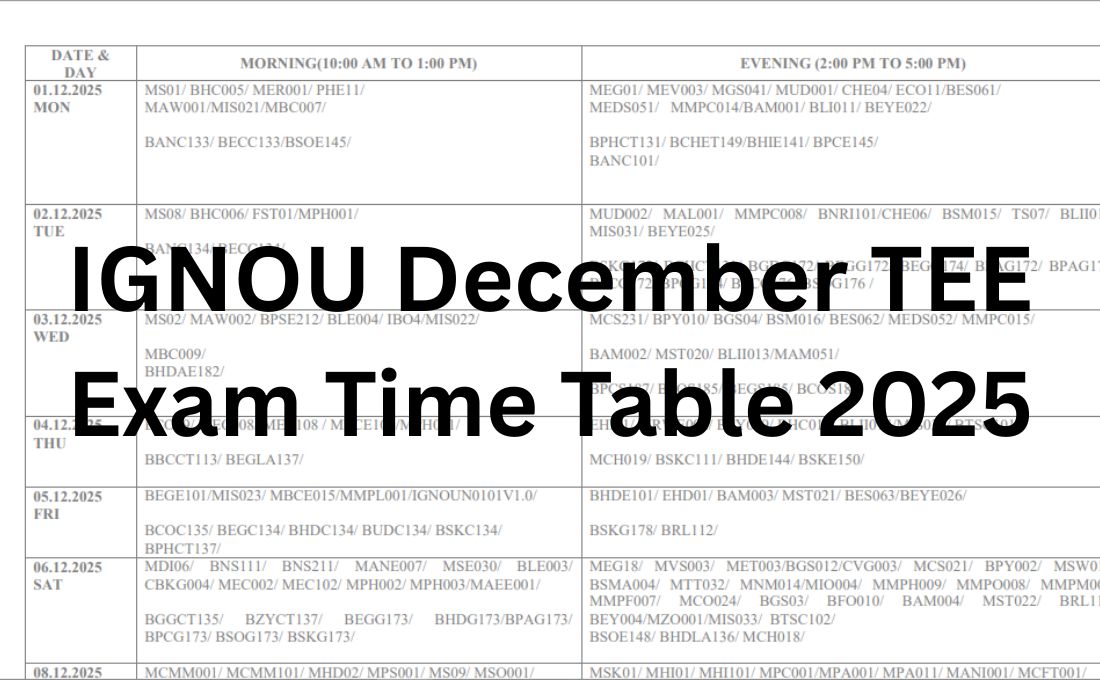 IGNOU December TEE Exam Time Table 2025