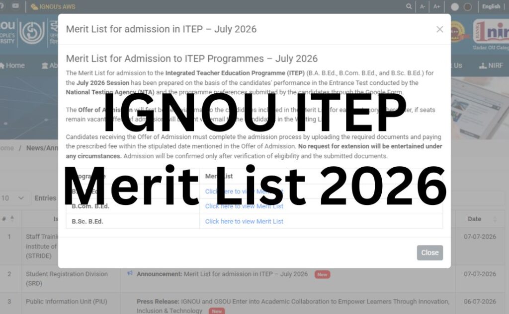 IGNOU ITEP Merit List 2026